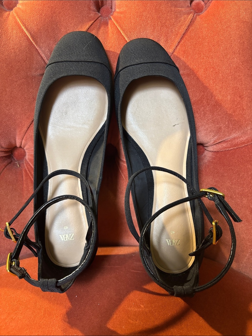 NWT ZARA Black Canvas Ankle Strap Flats - Round Toe - Size 9